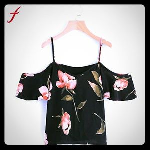 Black Floral Print Cold Shoulder Cami Top